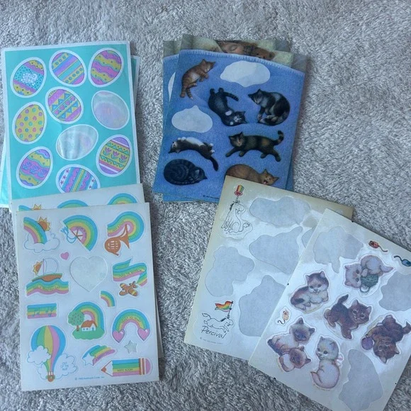 Vintage Hallmark Sticker Lot 1980s 1990s Fuzzy Kittens Rainbows Unicorn Easter