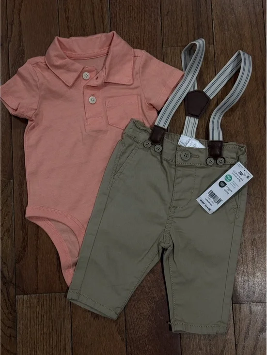 OshKosh B'gosh Baby Boys 3M Polo Onesie and Khaki Pants with Suspenders Set