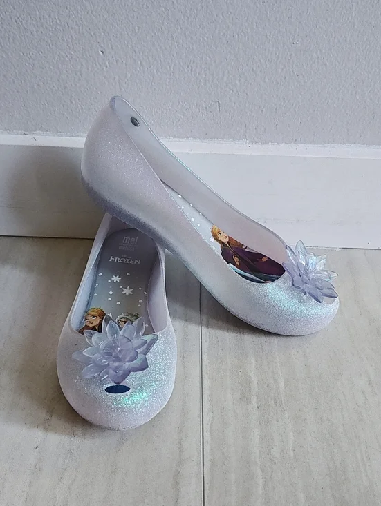 Mini Melissa Iridescent Glitter Ballet Flats with Flower Accent Size 4 Youth
