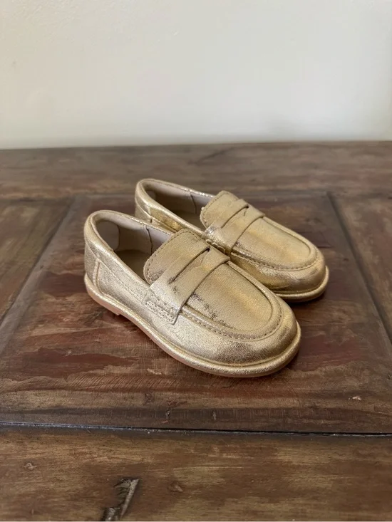 ZARA gold metallic shiny faux leather loafers slip-on shoes toddler girls size 7