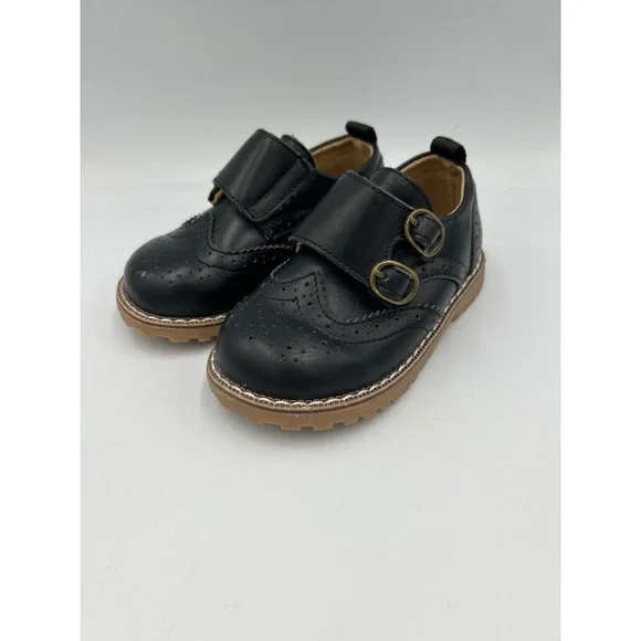 CCTWINS Kids Black Wingtip Brogue Double Monk Strap Dress Shoes Size 23 165