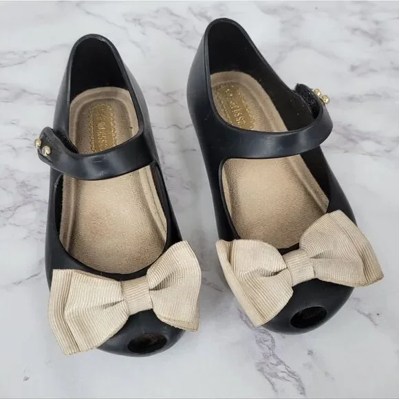 Mini Melissa Peep Toe Black Mary Jane Kids Shoes with Bow Rubber Jelly Dress