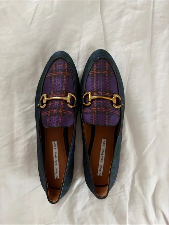 & Other Stories New Purple and Green Plaid Loafers with Gold Horsebit