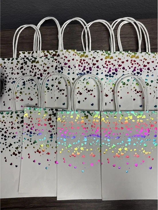 White & Rainbow Holographic Foil Heart Decorative Paper Gift Bags (Bundle)