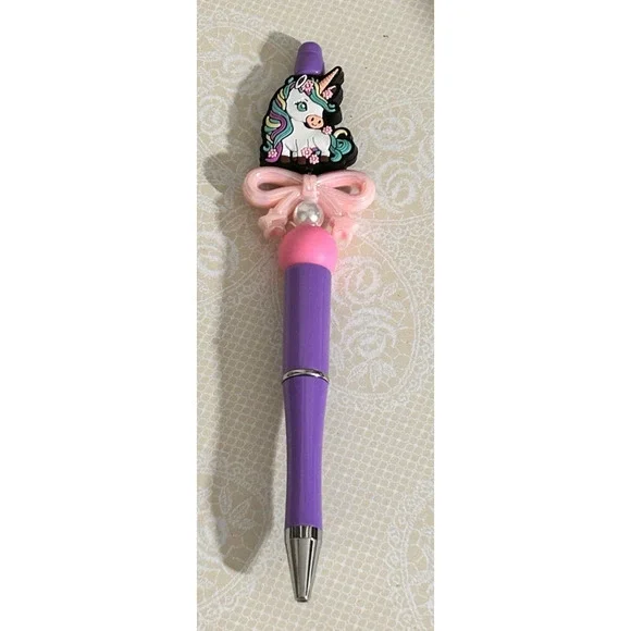 Custom Beaded Pen Unicorn Purple Pink Bow Unique Gift Handmade Girly Coquette