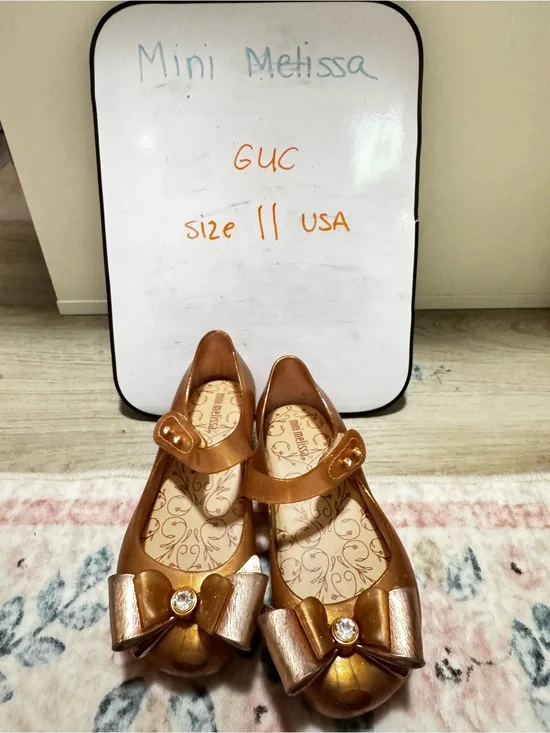 Mini Melissa Girls Metallic Bronze Bow Mary Jane Shoes