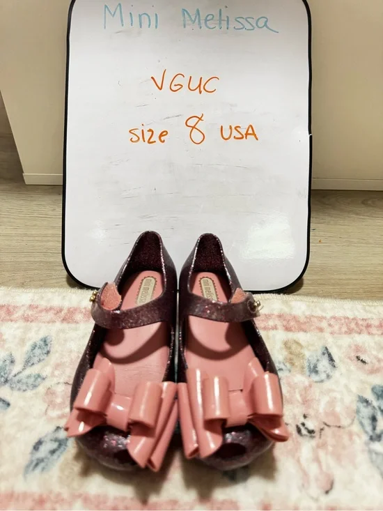 Mini Melissa Glitter Mary Janes in Burgundy with Pink Bows