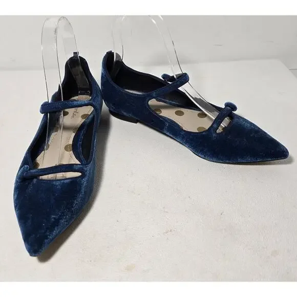 BODEN Women's Velvet Mary Jane Blue Button Accents Pointed Toe Sz 36
