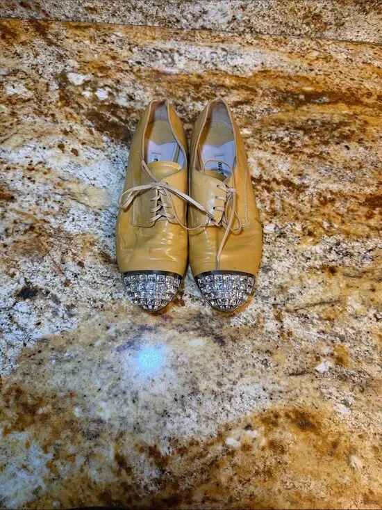 Miu Miu Yellow Girls Lace-Up Shoes with Rhinestone Cap Toes