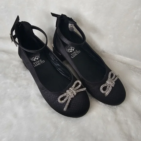 Vince Camuto Black Dress Shoe Girls Youth Size 2‎ Ankle Strap Silver Bows Heel