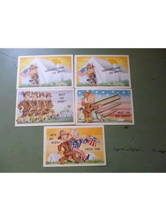 Set of 5 WWII Linen Finish Cute Army Postcards, Unused
