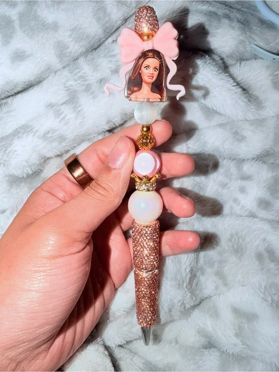 Pink Glitter Bow Beaded Crystal Ballpoint Pen