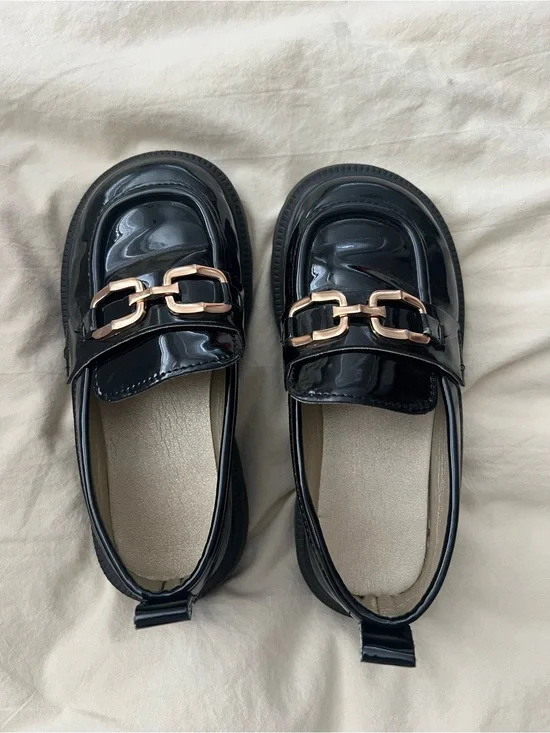 Black Patent Loafers with Gold Chain Accent