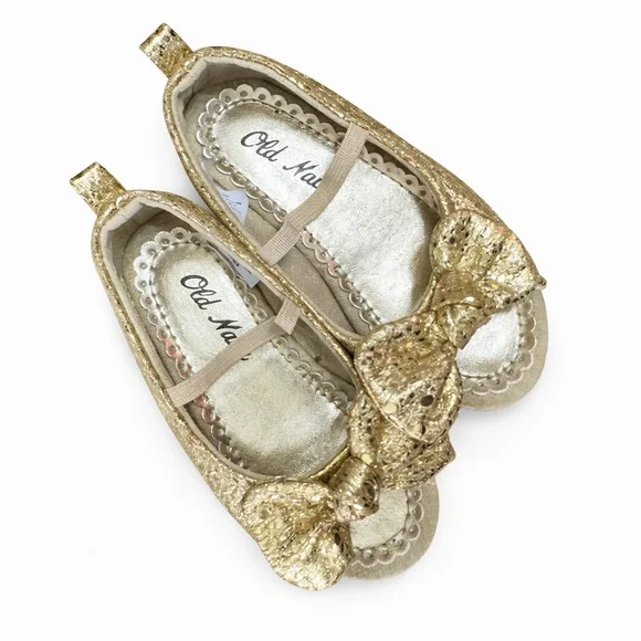 Old Navy Girls Gold Glitter Bow Dress Shoes Size 5 Sparkly Party Flats