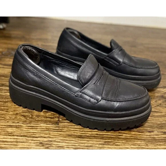 Patina Black Leather Penny Loafers Womens 7.5/EU37.5 Chunky Lug Sole Style 13451
