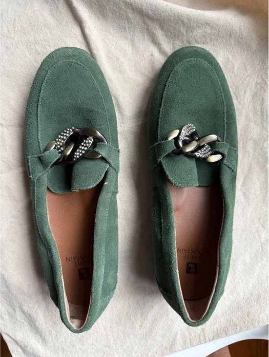 White Mountain Green Suede Loafers with Rhinestone Chain Detail, Size 7M