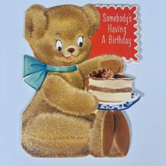Vintage Hallmark Teddy Bear Birthday Card Die Cut Glitter Cute Anthropomorphic