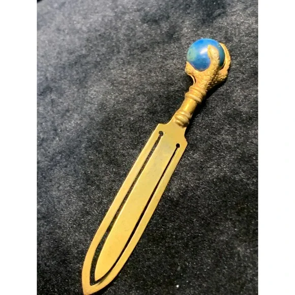 Vintage Germany Gold Tone Dragon Claw Blue Orb Bookmark Gothic Desk Accessory