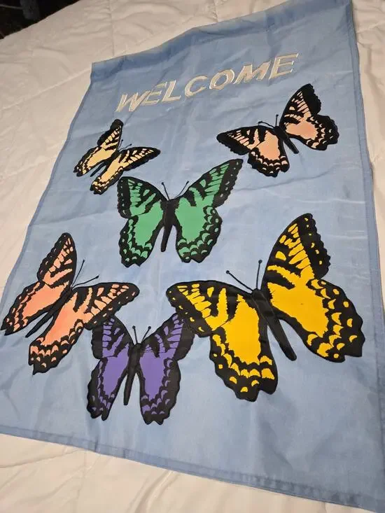 Cottage Garden Butterfly Blue Monarch Vtg XL Greeting Banner Welcome Spring...