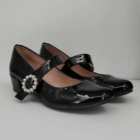 Elegant Black Mary Jane High Heels Girls Shoes with Pearl Buckle Size 3