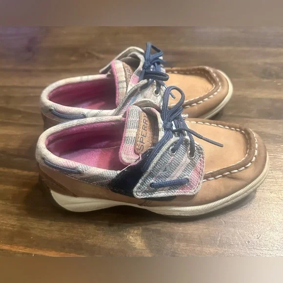Sperry Kids Girl’s Intrepid Jr Tan Leather Plaid Boat Shoes Size 11M