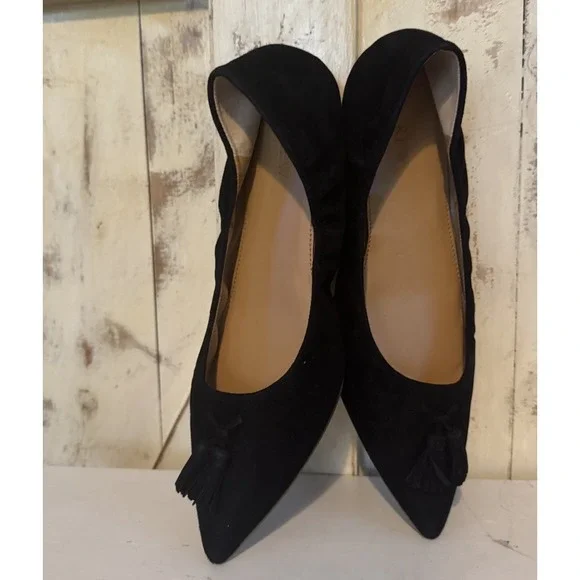 J Crew Lottie Flats Black Suede Slip On Tassel Pointed Toe Womens Shoes 9.5 NIB