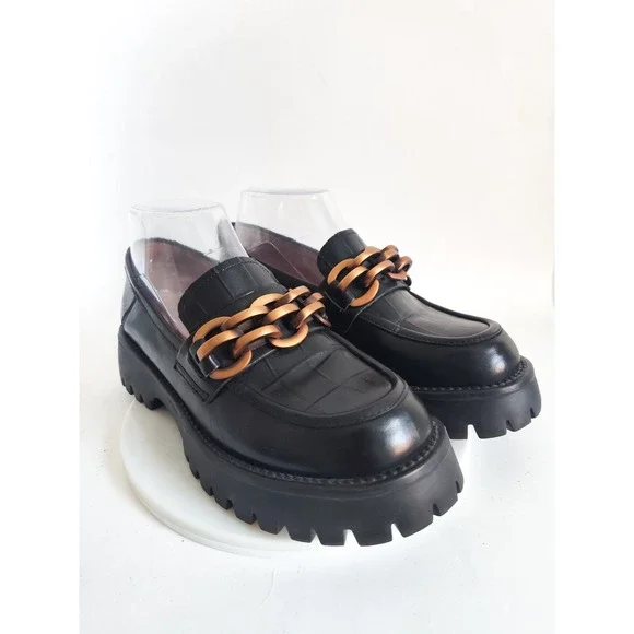Beau Today Platform Loafers 6.5 Black Leather Chain Lug Sole Dark Academia Goth
