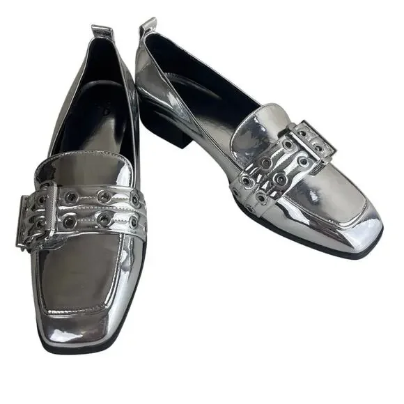 NWOT Mix No. 6 Piercie Silver Metallic Buckle Loafers Size 9 – Square Toe