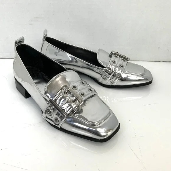 Mix No. 6 Sz 7.5 Silver Metallic Double Strap Buckle Square Toe Loafers Shoes