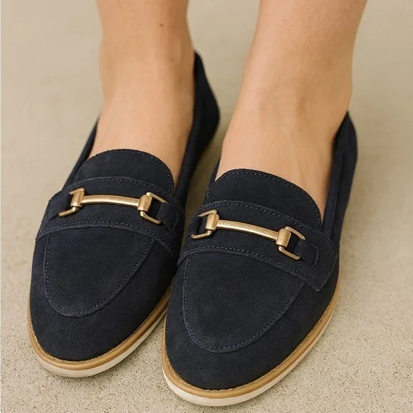 Enzo Tesoti Leather Suede Low Heel Loafer Sz 8.5 US (39 EU) Navy w/ Gold Accent
