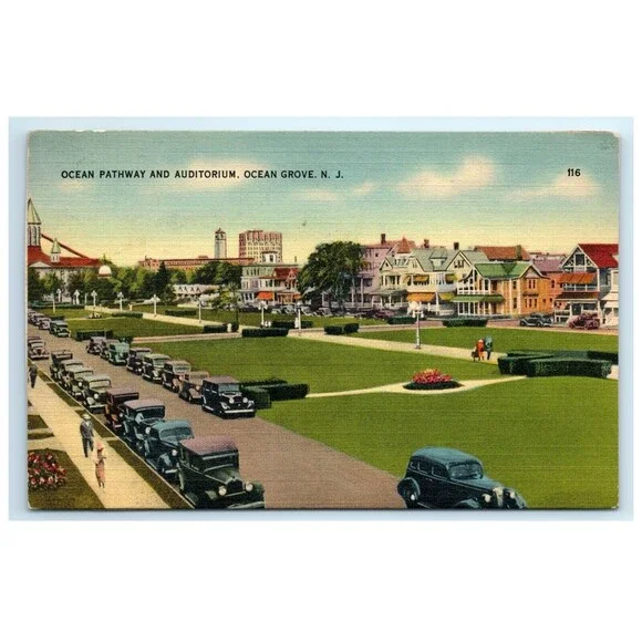 Vintage Postcard Ocean Grove New Jersey NJ Ocean Pathway‎ and Auditorium Linen