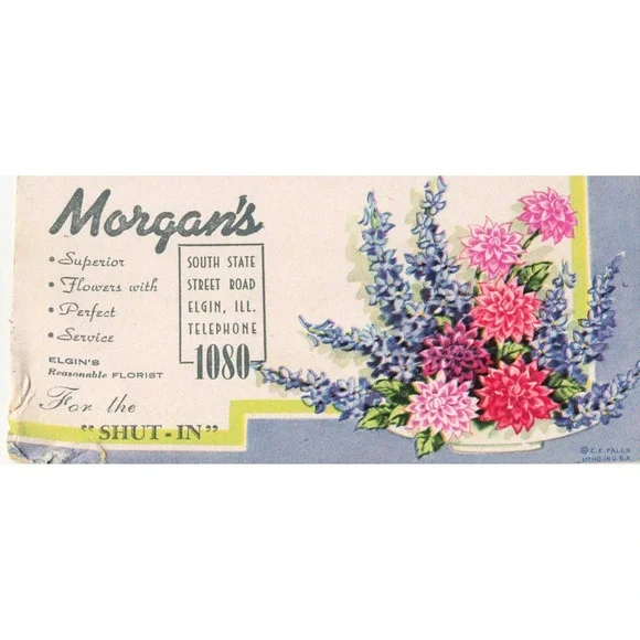 Vtg Ink Blotter Morgan's Florist Elgin Illinois Dahlias Larkspur C.E. Falls