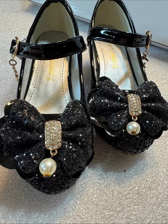 Black Glitter Mary Jane Heels with Bow Detail