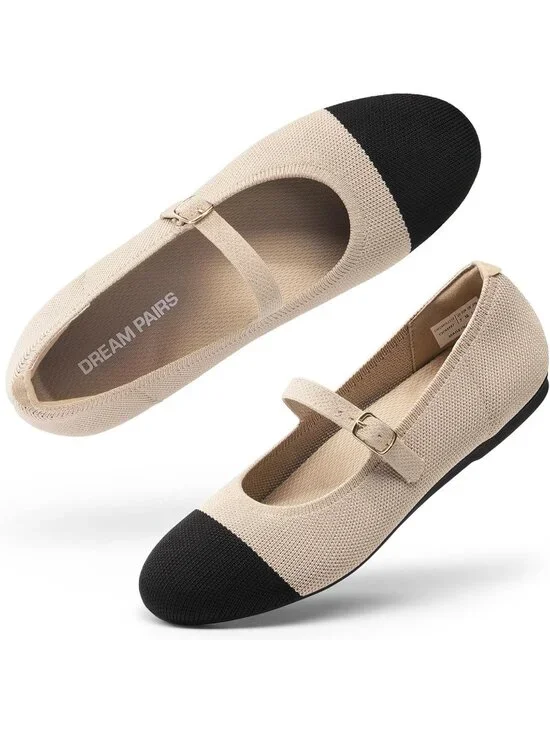 Womens Nude Black Knit Mary Jane Ballet Flat Comfortable For Casual Office Shoes
