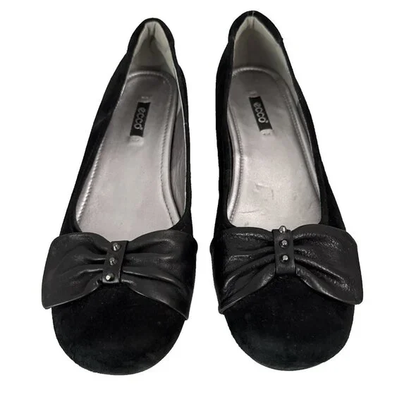 ECCO Women's Flats 40  9 - 9.5 Black Suede Leather Ballerina Bow Trim Comfort‎