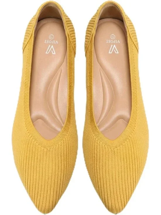 Womens Yellow Pointed Toe Comfort Foldable Slip On Dressy Knit Ballet Flat Shoes