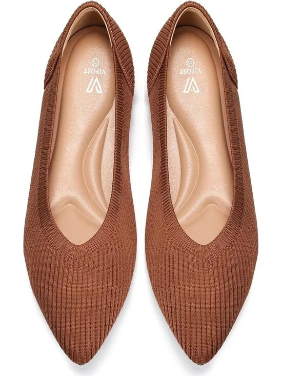 Women's Brown Pointed Toe Comfort Foldable Slip On Dressy Knit Ballet Flat Shoes