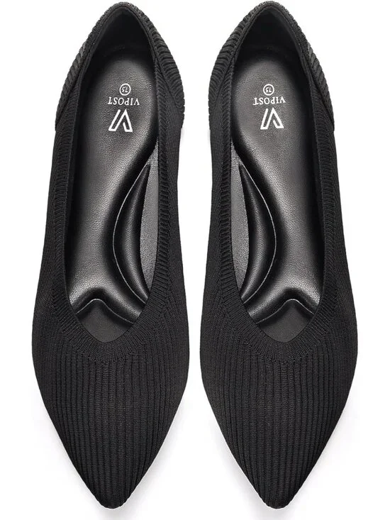 Women's Black Pointed Toe Comfort Foldable Slip On Dressy Knit Ballet Flat Shoes