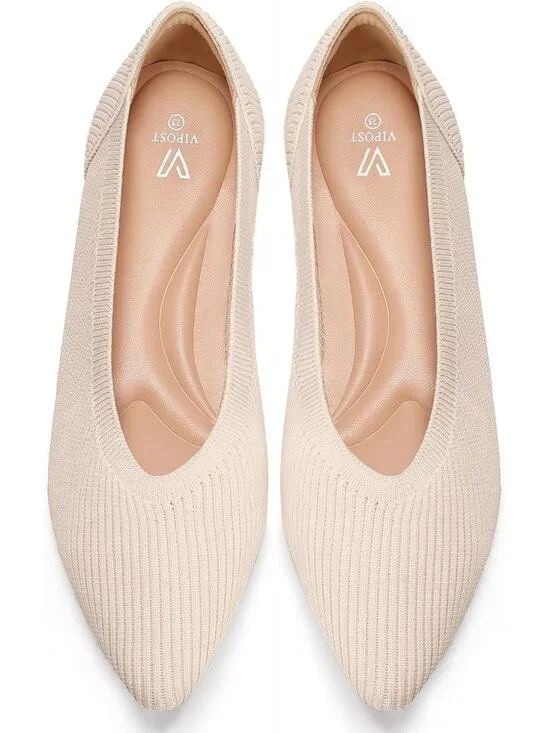 Women's Beige Pointed Toe Comfort Foldable Slip On Dressy Knit Ballet Flat Shoes