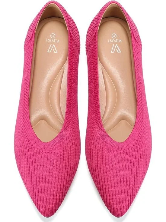 Women's Rose Red Pointed Toe Comfort Foldable Slip On Knit Ballet Flat Shoes