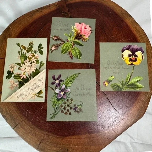 Antique Ephemera L Prang Co Victorian Floral Birthday Cards Violets Rose 1881
