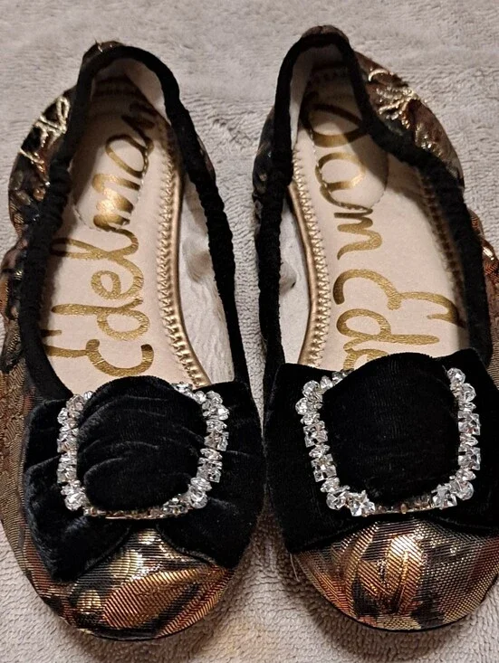 Sam Edelman Black Velvet and Gold Pattern Ballet Flats with Rhinestone Buckle 4