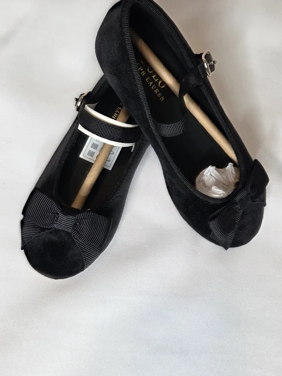 Girls Ralph Lauren KINSLEE Black Velvet Bow Mary Jane Flats. New In BOX