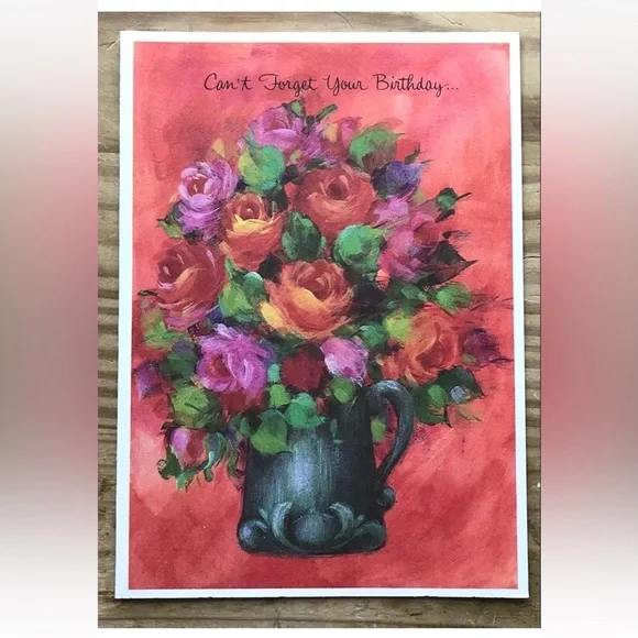 Vintage Rose Flowers In Pitcher Birthday Card Framable Junk Journaling