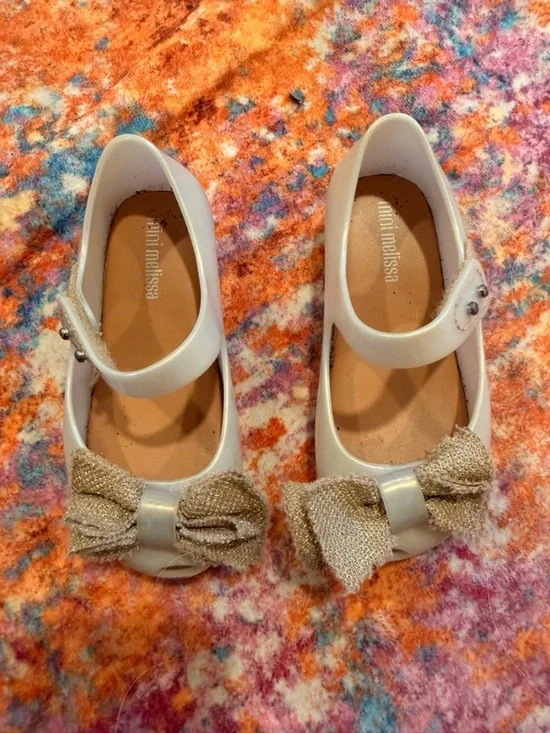 Mini Melissa Toddler Mary Jane Jelly Flats Cream Gold Glitter Bow Shoes