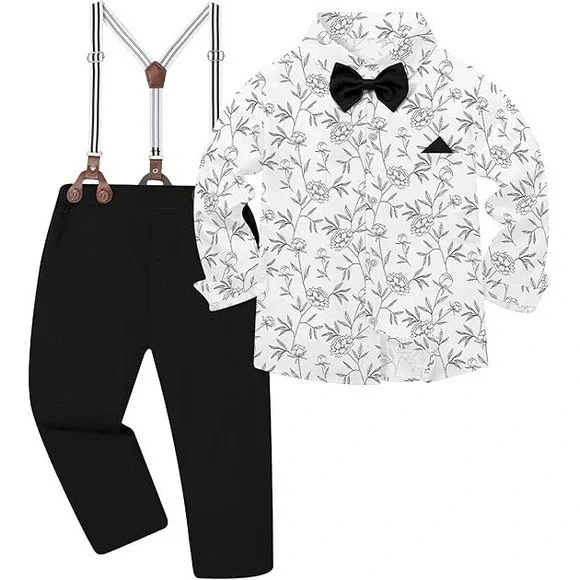 Boy's Suit Ring Bearer Dress Shirt‎ Pants Suspender Tie 7-8 NEW NWT Formal Black