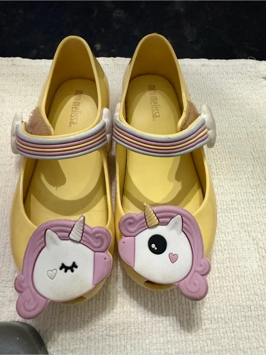 Mini Melissa Yellow Girls Unicorn Mary Janes with Pastel Strap