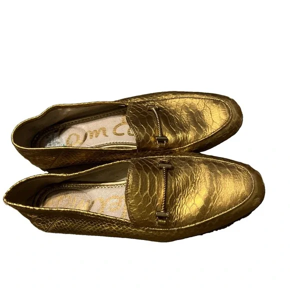Sam Edelman Gold Crocodile-Embossed Leather Loafer Moc SZ 9.5 Preppy Flaws Read