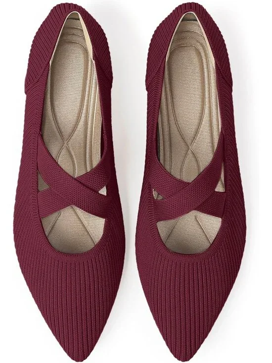 Women's Red Knit Mary Jane Flats Pointed Toe Comfortable Slip On Dressy Shoes