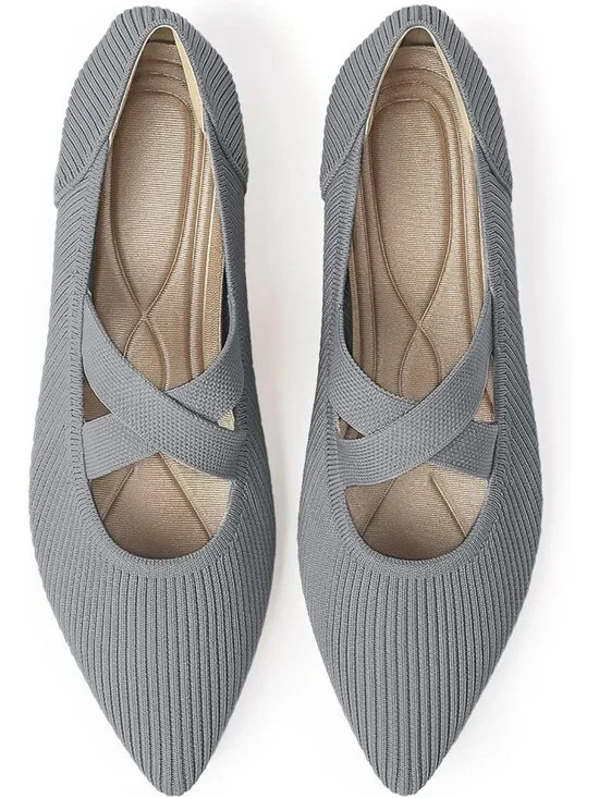 Women's Grey Knit Mary Jane Flats Pointed Toe Comfortable Slip On Dressy Shoes